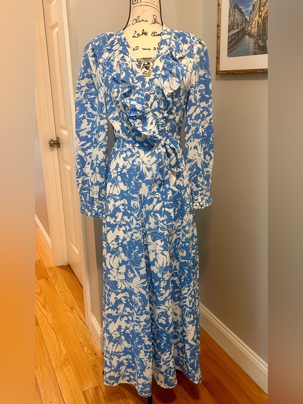 Hyacinth House blue and white lined wrap midi- maxi dress, nwt, S